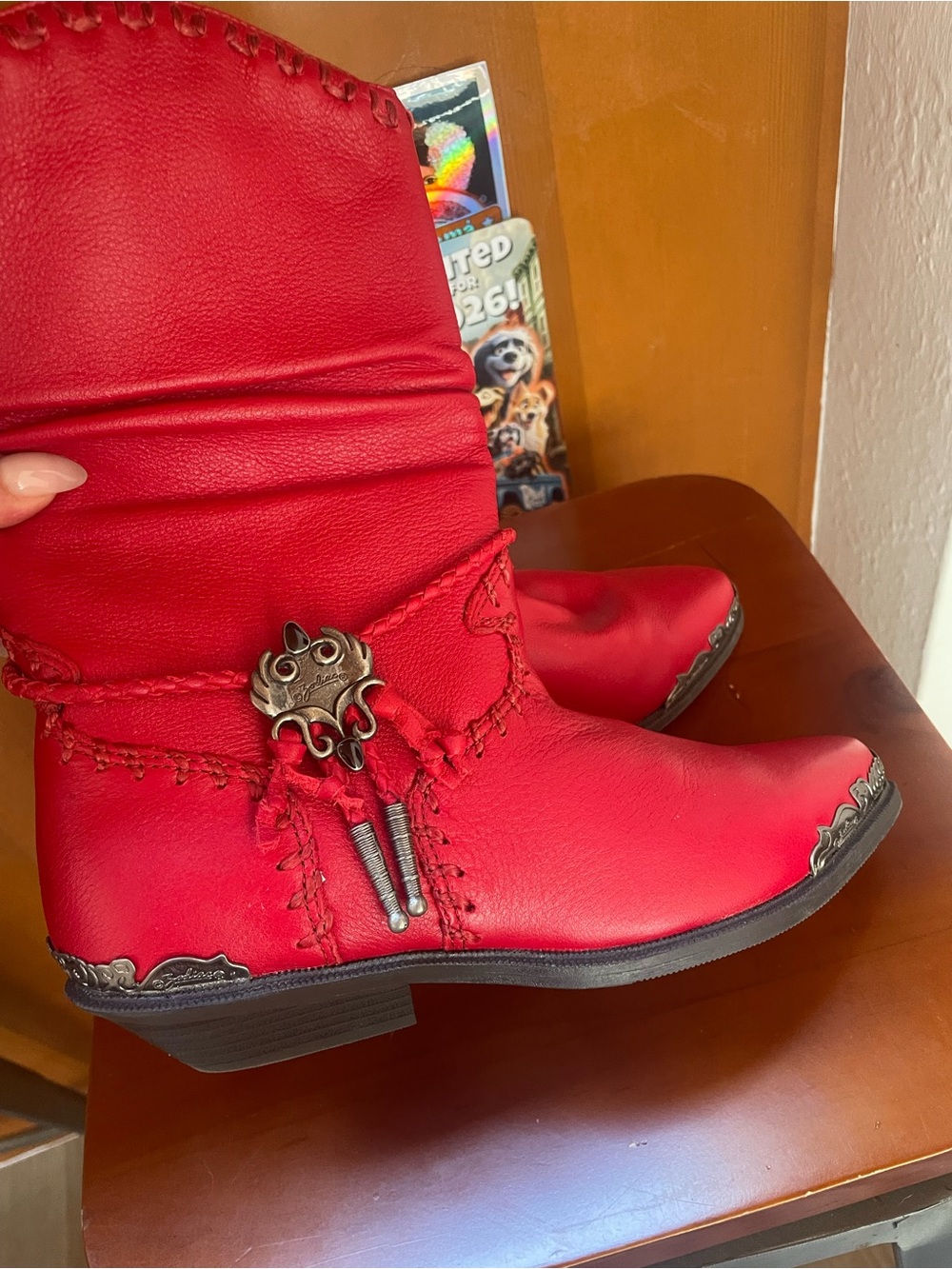 Red Women's Leather Ankle Boots with Decorative Metal Accent